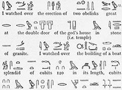 Hieroglyphics with English translation. From inscription by Anna (first half of 18th dynasty) in Cleopatra's Needles and Other Egyptian Obelisks, by Sir E. A. W. Budge. Hieroglyphics with English translation. From inscription by Anna (first half of 18th dynasty) in Cleopatra's Needles and Other Egyptian Obelisks, by Sir E. A. W. Budge.