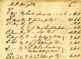 An excerpt from Robert Leake’s account book during the construction of a mill, 1771-1773