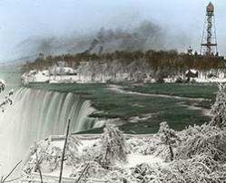 View of the Niagara River at the American Falls in the winter, c. 1900