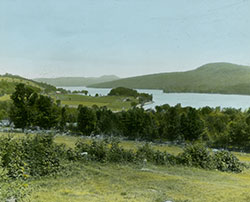 View looking northeast across Schroon Lake at the narrows in the Adirondack Mountains. 1912