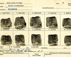 Sing Sing prison admission record for Louis "Lepke" Buchalter, 1944. Buchalter was the highest-ranking mob boss to be given the death penalty in the United States, and was electrocuted at Sing Sing in 1944. 