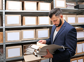 Image.  Archivist browsing records in stacks